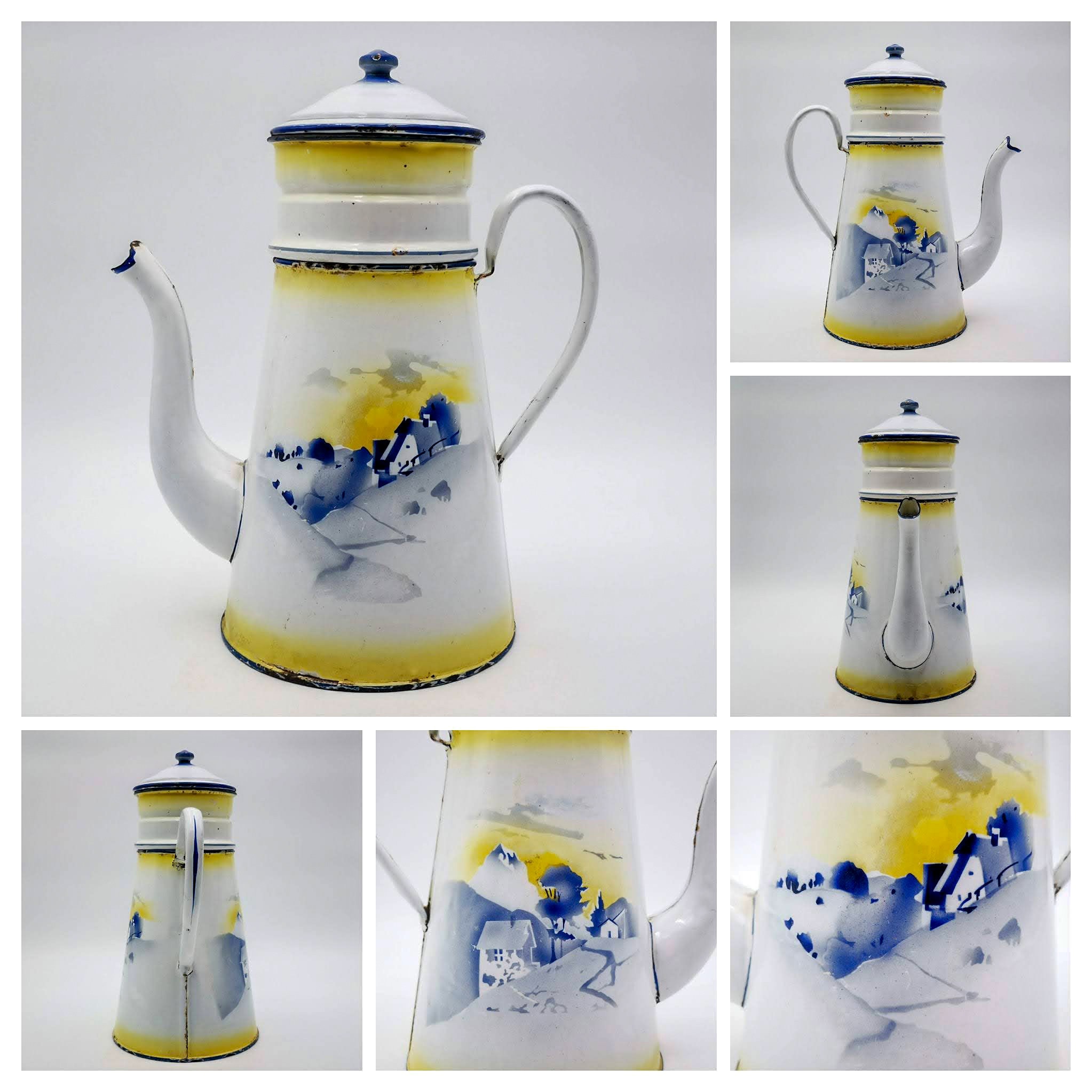 Antique French Enamel Coffee Biggin, Japy, Mountain Landscape