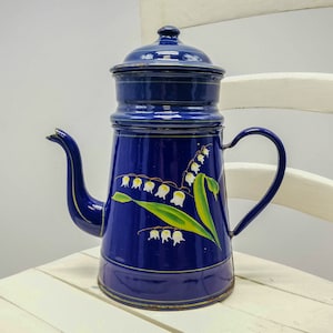 Antique Cobalt Blue Enamel Coffee Pot with Lily of the Valley Motif - French Enamelware Biggin