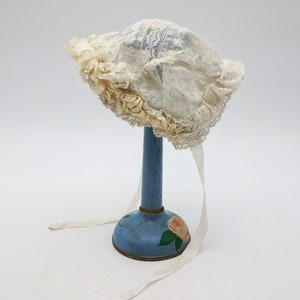 Antique French baby bonnet in tulle net lace, with whitework embroideries & frilled ribbons, collectable antique baby bonnet, Edwardian era