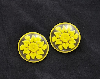 1950s Lucite Clip On Earrings, Yellow Floral Reverse Carving