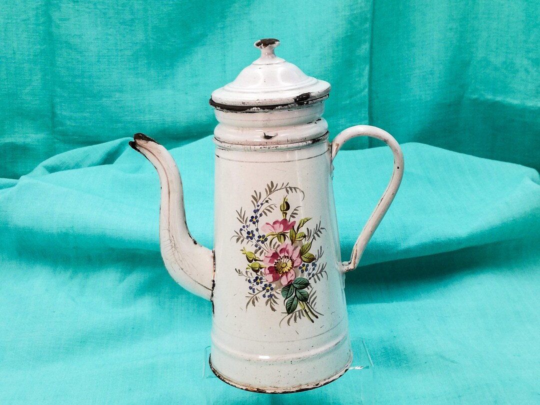 Antique Enameled French Coffee Pot White Hand Painted Dogroses Etsy