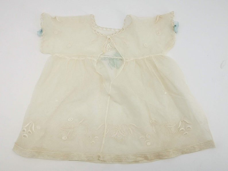 Antique French dress for baby, Edwardian era dress for baby, tulle net, hand embroidered flowers & blue-ribbon bows, antique baby gown image 9