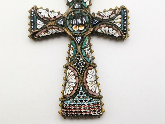 Antique Italian micro mosaic cross pendant, vinta… - image 4