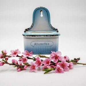 Antique French enameled allumettes match box container, light blue shades, raised decor of stripes, allumettes match box signed BB Austria