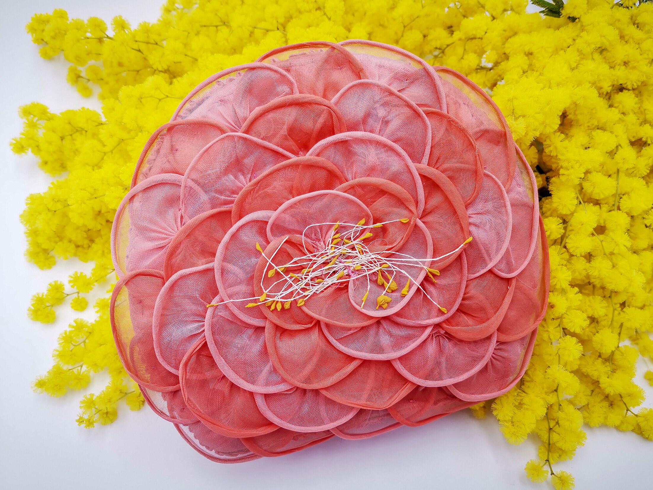 PINK millinery cloth Vintage style 6 silk FLOWER cluster yellow Stamens DOLLS!