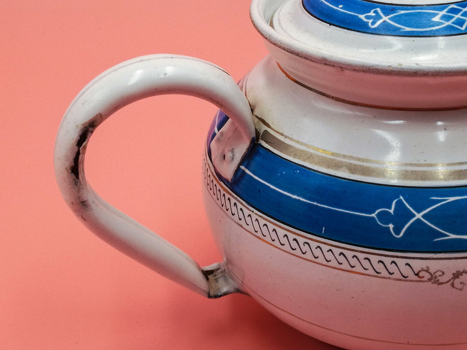 Antique Enamel Tea Pot, Blue Stripes & Gilded Decoration, Signed Etoile