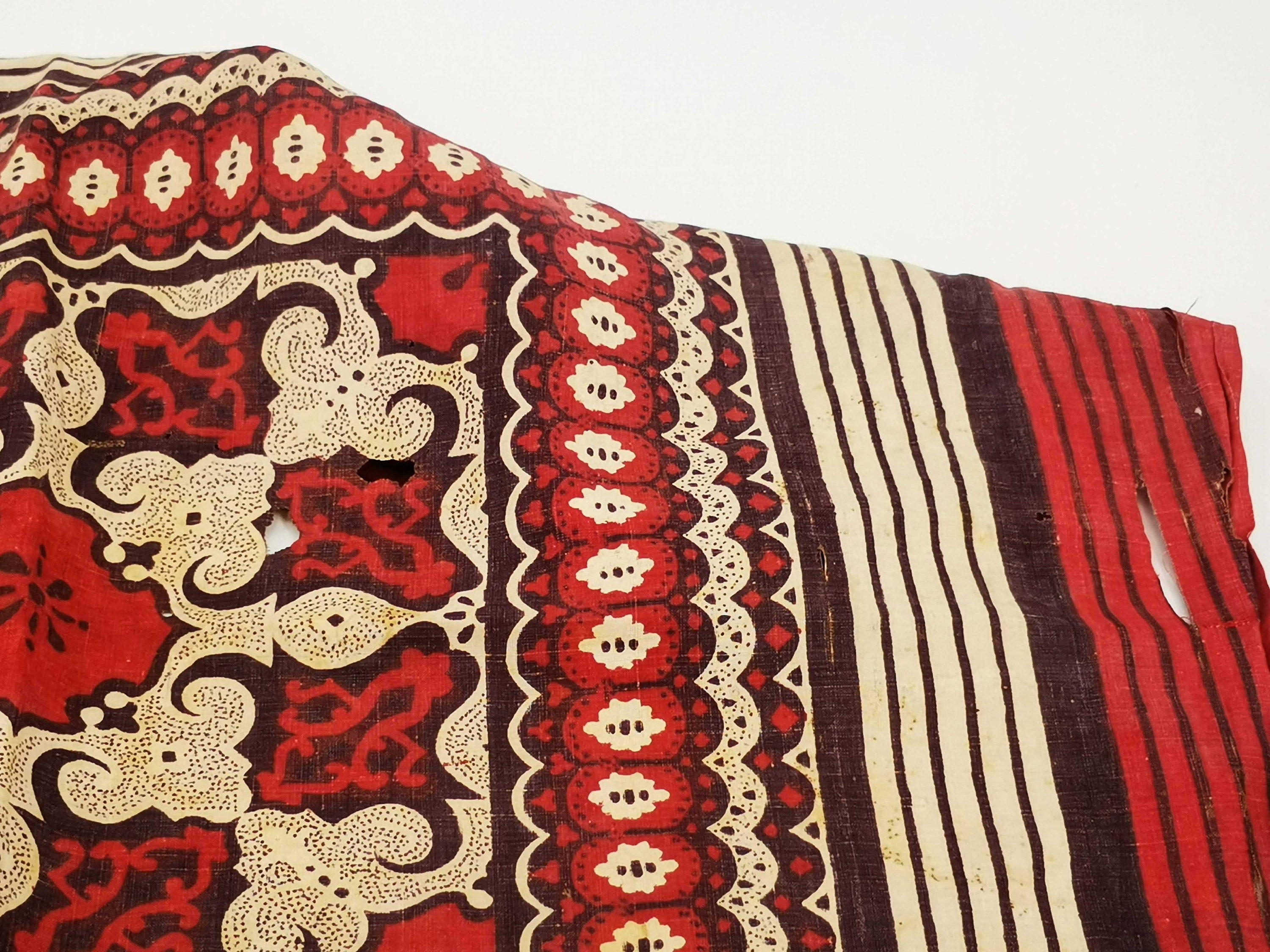 Antique French Cotton Head Scarf, Block Printed Collectible Square