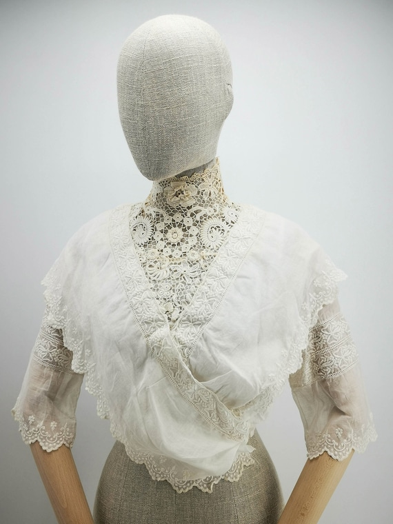 Antique French blouse, Irish crochet lace yoke an… - image 2