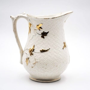 Antique French majolica water jug Sarreguemines, ivory color with raised and gilded foliage, antique French majolica jug Sarreguemines image 4