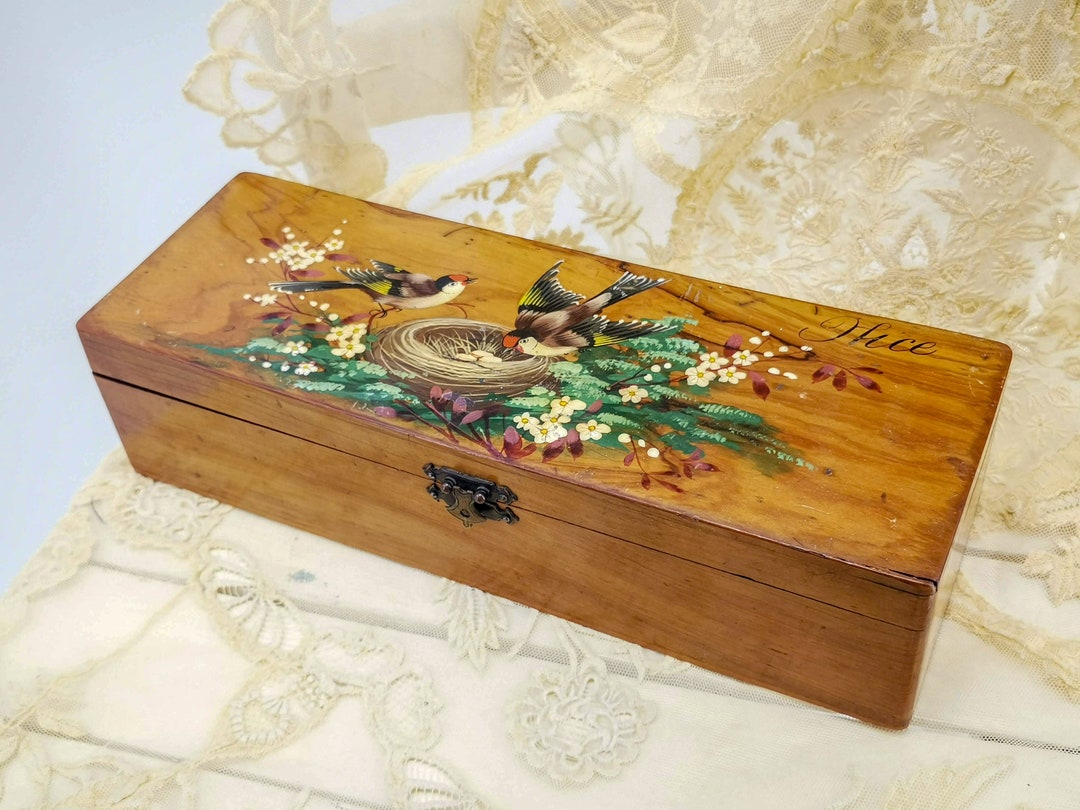 Antique FRENCH Olive Wood Box, Antique Souvenir Box, Hand Painted With