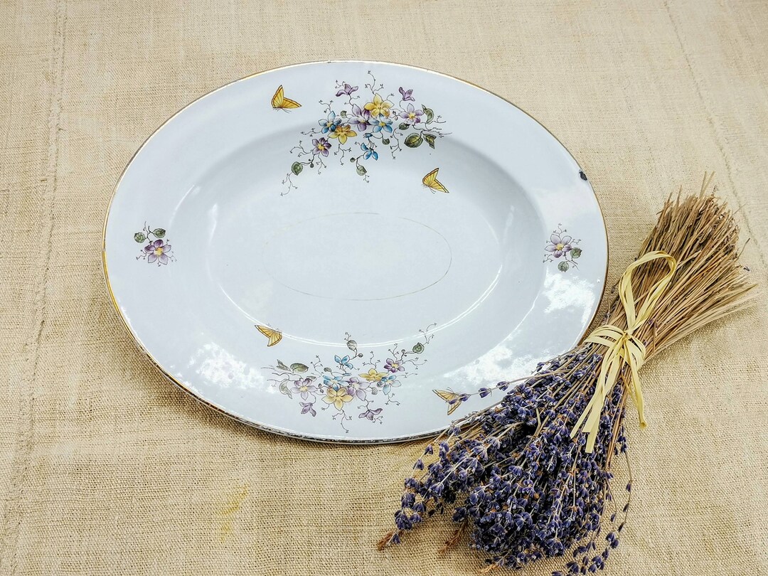 Antique German Enameled Oval Tray, Transfer Decor With Butterflies