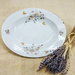 Antique German enameled oval tray, transfer decor with butterflies & purple flowers, antique German enamelware, enamel oval plate Ullrich