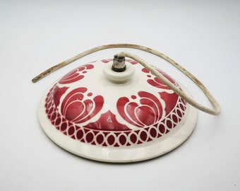 Antique ceramic ceiling light, pendant light made with an antique soup tureen lid, Digoin Aicha, red stenciled decor in oriental style