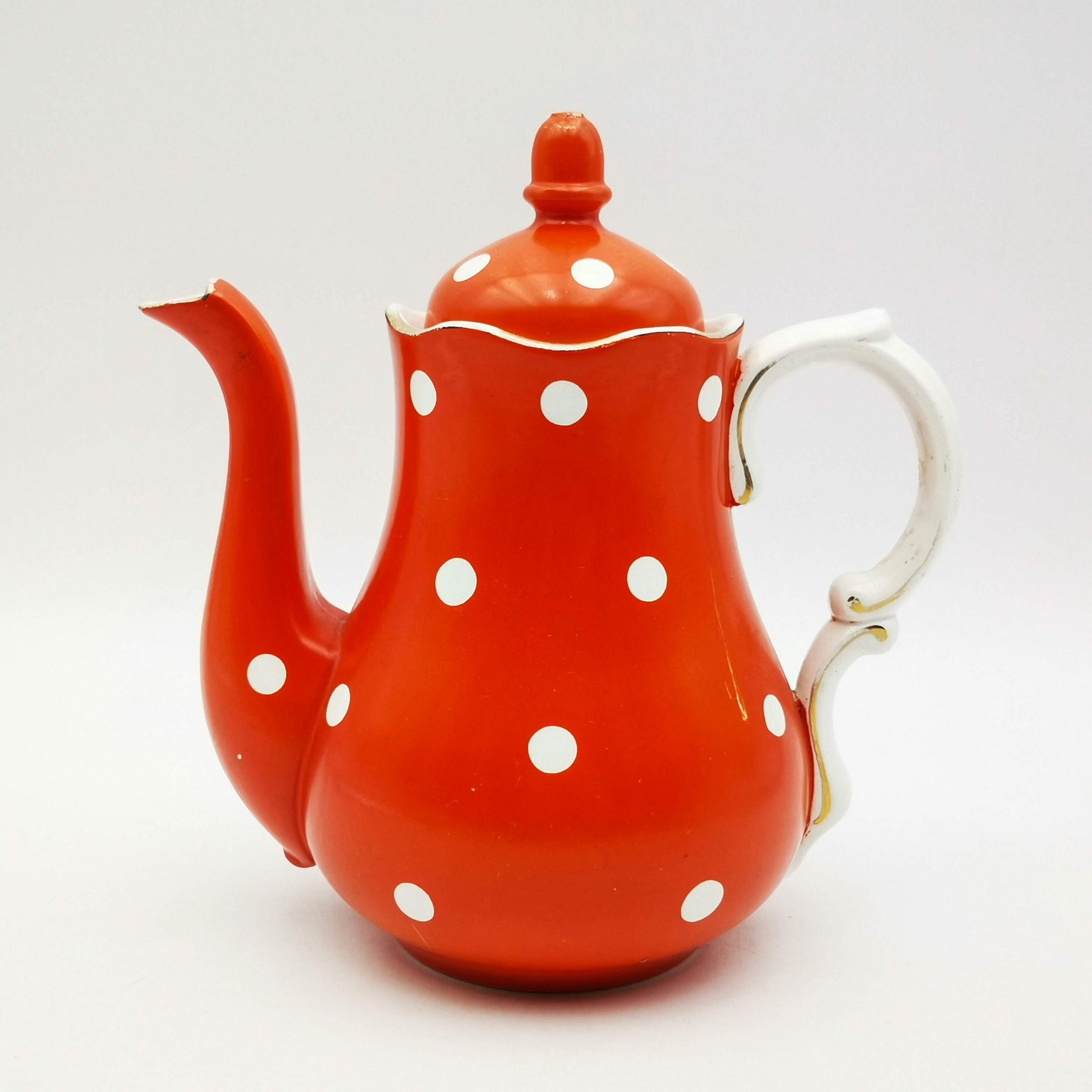 Antique Sarreguemines Coffee Pot, Red Polka Dot Ceramic, French