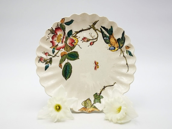 Antique Ironstone Plate, Terre de Fer Scalloped Plate, Bird & Rose Decor