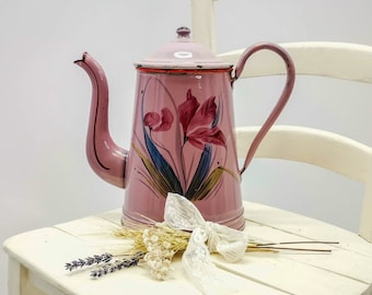 Enamel French COFFEE BIGGIN, pink, hand painted crocus flowers, french antique enamelware, Antique pink enamel coffee pot