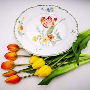 Antique French earthenware ironstone fruit stand or cake stand footed dish, airbrushed decor with tulips, signed Luneville, early 1900s