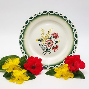 Antique French ceramic dinner plate signed Digoin Sarreguemines, model Maite, decoration with mimosa, carnations & daisies, green border