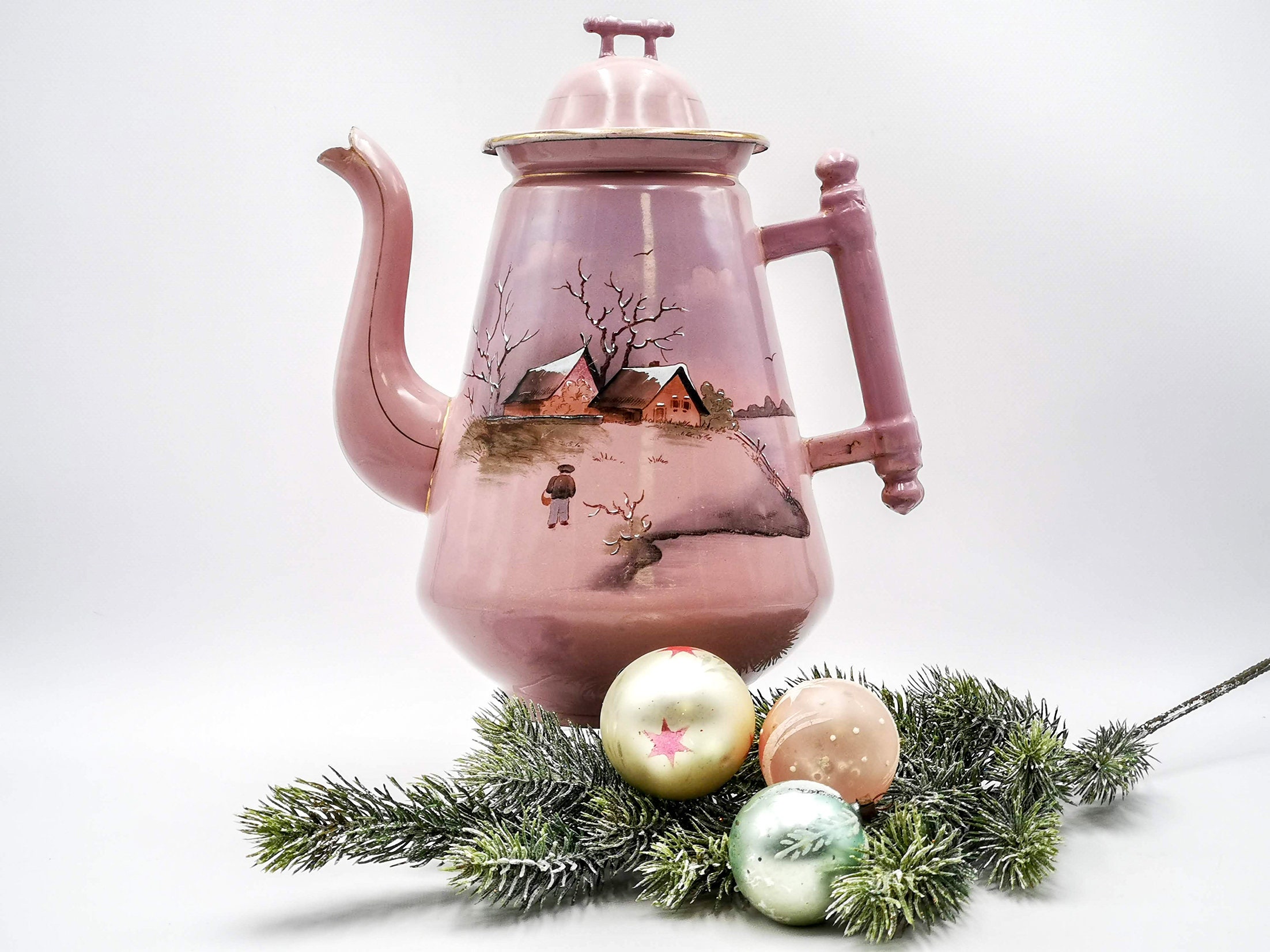 Antique enamel French Coffee pot, pink & hand painted decor of winter landscape, Japan inspired shape, Enameled coffee biggin, coffee pot