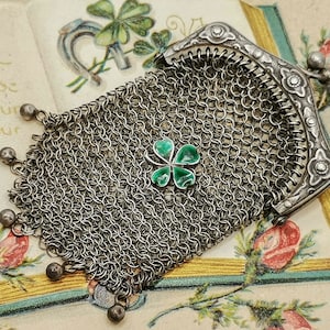 Antique French chain purse for coins, metallic mesh purse / wallet with  enamel green four-leaf clover decoration, mesh purse early 1900&#39;s