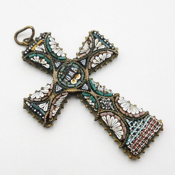 Antique Italian micro mosaic cross pendant, vinta… - image 2