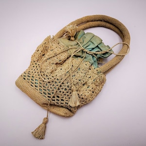 ANTIQUE French beige Crocheted lace drawsting PURSE, pale blue silk interior, Irish crochet drawsting purse, antique drawsting bag - purses