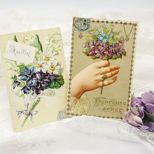 Cartolina francese antica decoro in rilievo violette, cartolina d'epoca scritta e viaggiata, cartolina primo '900