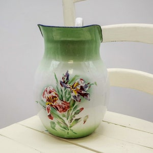 Antique Japy Enameled Pitcher - Light Green Iris Flowers - Vintage French Enamelware