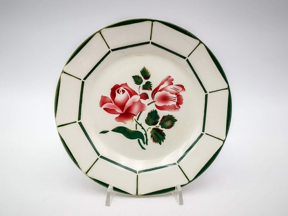 Vintage French Earthenware Dessert Plate - Digoin Model Monique Red Roses Green Border