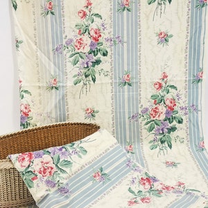 Antique French fabric, pink roses, violets, purple flowers & blue stripes, antique French fabric with romantic pink roses, antique textile