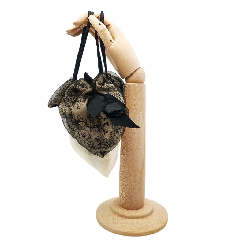 Antique French drawsting bag / purse in pale beige silk with net lace & black silk chiffon, black silk ribbon bows ornaments, flappers' era