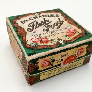 Caja de cartón publicitada antigua, Dr. Charles Flesh Food, etiqueta original con rosas, tocador coleccionable caja de cartón americano antigua