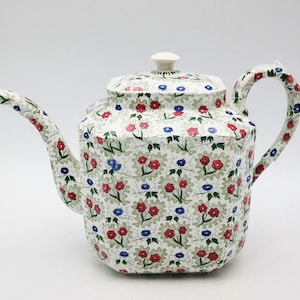 Antique French ironstone teapot, multicolor transfer decor of flowers all over the piece, antique terre de fer teapot signed Montereau
