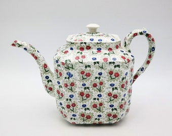 Antica e rara teiera in ceramica francese, terre de fer, decoro policromo pizzo e fiori, teiera francese marchio Montereau, epoca ca 1834