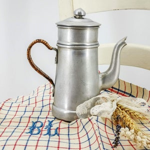 Antique French aluminium coffee pot with filter, small size coffee pot with woven wicker handle, vintage child size coffee biggin, aluminium