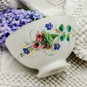 Antique French cafè au lait bowl, unsigned, antique French bowl hand painted pink roses & blue flowers, antique collectable bowl with roses