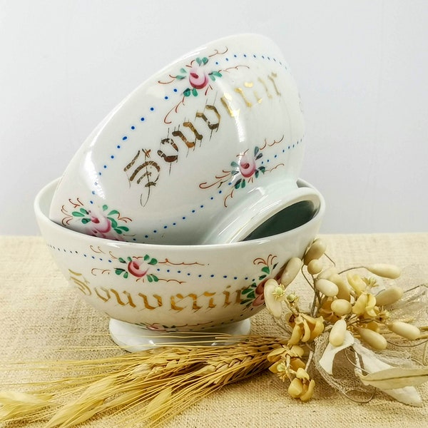 Antique French cafè au lait bowl, gilded written Souvenir, hand painted pink rosettes, vintage french bowl, collectable French bowl