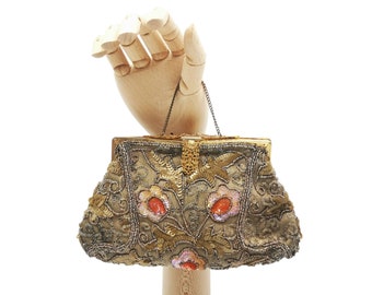 Vintage French evening purse, bronze color silk and embroideries with sequins & glass beads, goldtone filigree closure