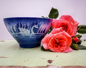 Antik fransk Cafe au Lait Bowl, Blue Swan Decor, Choisy Le Roi