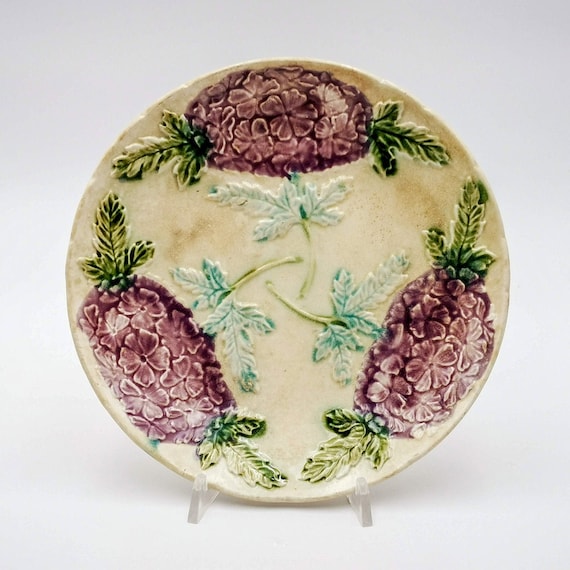 Antique French Majolica Plate, Purple Hydrangea Barbotine Decor