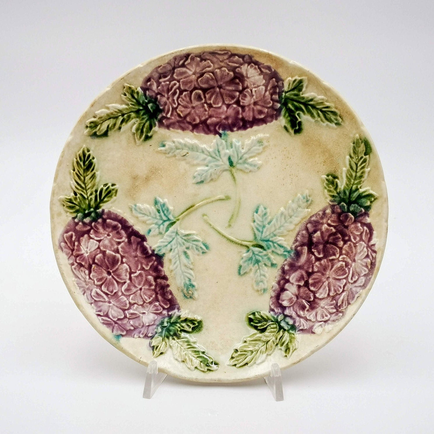 Antique French Majolica Plate, Purple Hydrangea Barbotine Decor