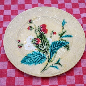 Vintage French majolica plate, raised design of strawberries, signed Sarreguemines, Antique French BARBOTINE wall decor Plate, early 1900&#39;s