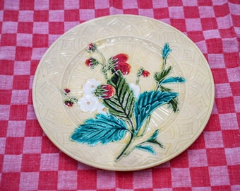 Vintage Sarreguemines Majolica Plate, French Barbotine Strawberry Wall Decor