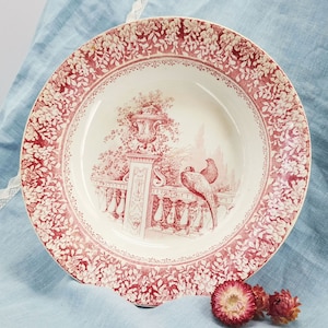 Antique French ironstone dish, large hollow plate, transfer decoration in pink with pheasants on balustrade in a garden, Creil Montereau