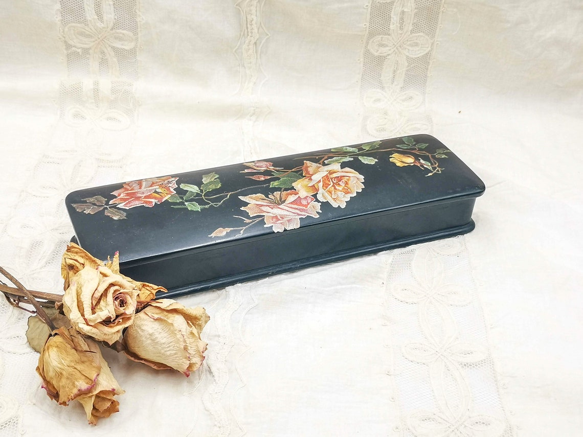 Antique Papier Mache Trinket Box or Gloves Box Black Papier Etsy
