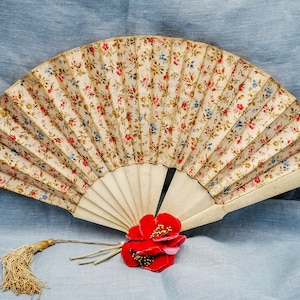 Antique French hand fan, folding fan with sticks celluloid, silk with printed tiny pink roses and flowers, antique silk hand fan