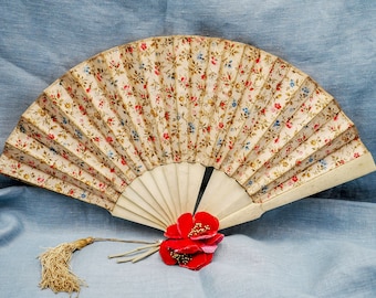 Antique French hand fan, folding fan with sticks celluloid, silk with printed tiny pink roses and flowers, antique silk hand fan