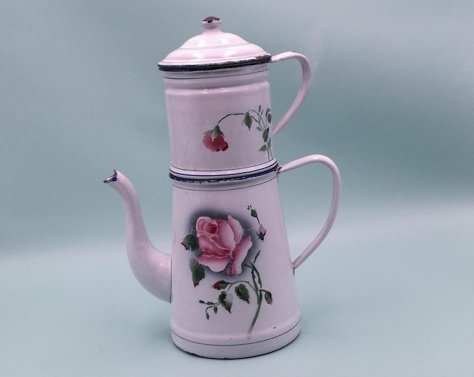 Enameled French Coffee Pot Japy With a Pink Rose, 1930, Tall Filter