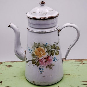 Antique enamel French Coffee pot, white base, hand painted roses, Enameled coffee biggin, Antique enameled coffee pot, early 1900