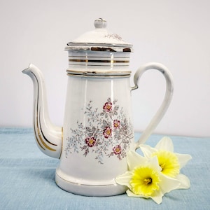 Antique Enameled COFFEE POT Soc.tè Austria, white with transfer dog roses, antique French coffee pot, antique french enamelware early 1900s